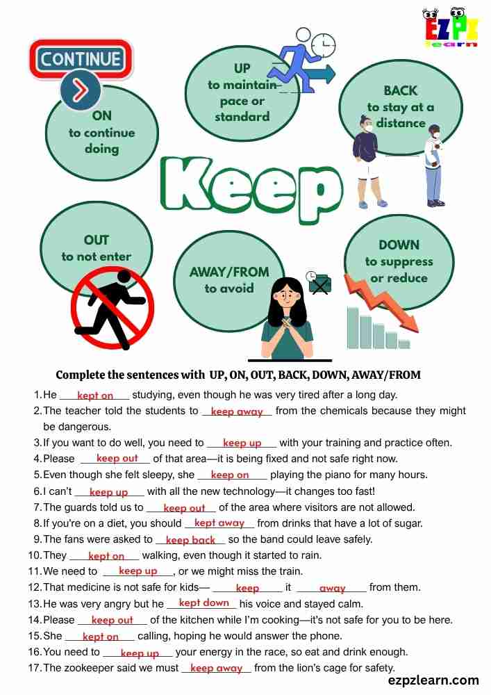 KEEP Phrasal Verbs Worksheet | 17 Sentence Fill-in-the-Blank Activity | ESL Grammar Practice